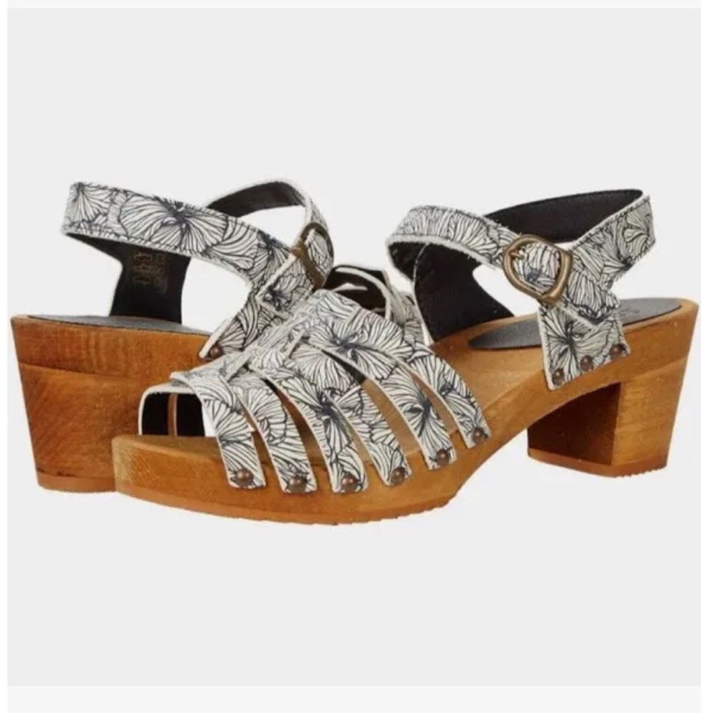 Sanita MIDA Wooden Danish Clog Sandals White Navy Floral EU 39 / US 7.5-8